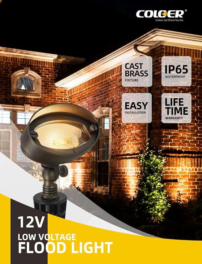 COLOER Die-cast Brass LED Landscape Flood Lights Outdoor, 3W 9-17 Volt Low Voltage Wall Wash Lighting, Outdoor Floodlight for Illuminating Signs, Walls and Plant Material(501B,1-Pack with G4 Bulb)