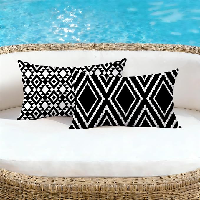 NIGHTWISH Outdoor Waterproof Pillow Covers 12x20 Set of 4 Black and White Modern Geometry Decorative Outdoor Throw Pillows Boho Cushion Cases for Patio Furniture Bench Couch Sunbrella