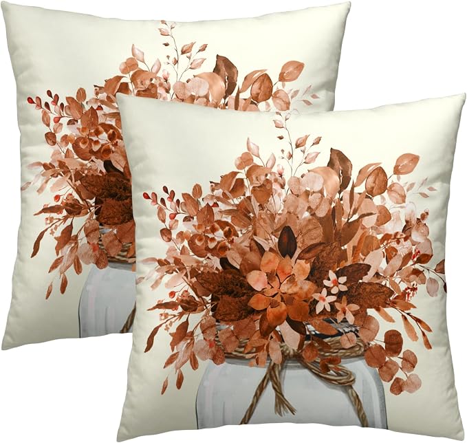 Fall Eucalyptus Leaves Pillow Covers 22x22 Inch Set of 2, Orange Floral Leaf Jar Autumn Seasonal Decorative Farmhouse Pillows Cushion Case for Sofa Couch Home Decor