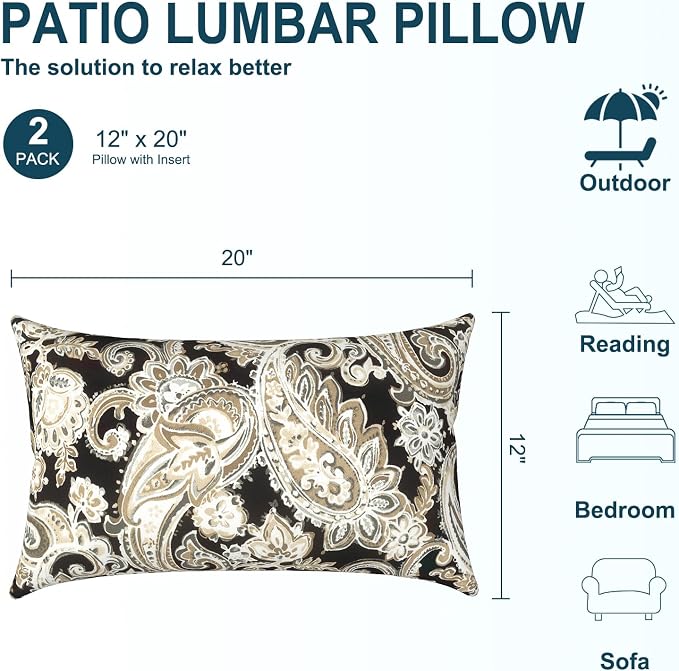DYTXIII Pack of 2 Waterproof Outdoor Lumbar Pillow with Inserts, 12x20 in Rectangle Decorative Patio Throw Pillow for Home, Sofa,Bench and Patio Furniture, Paisley Black