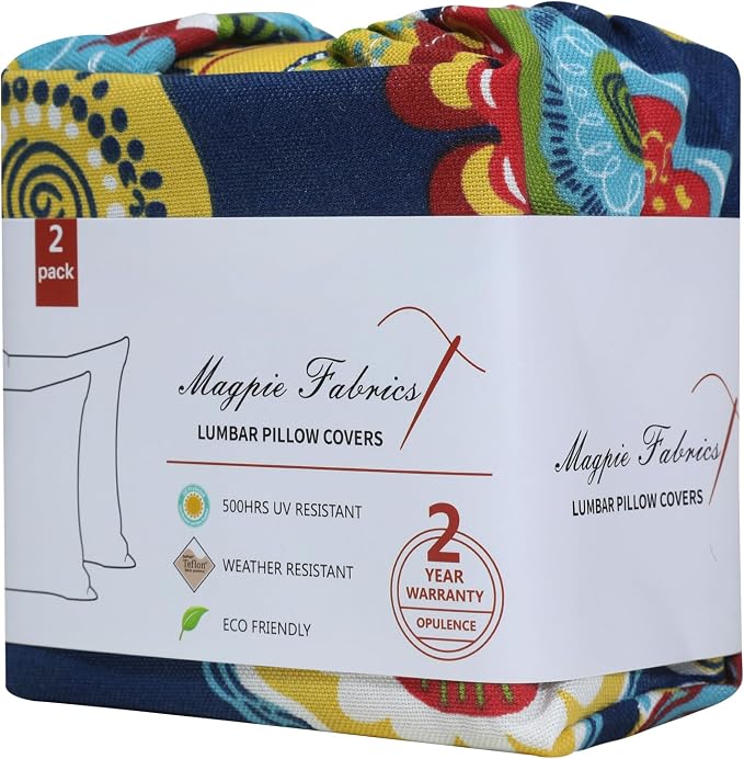 Magpie Fabrics Pack of 2 Outdoor Lumbar Pillow Case Covers 12"x20", Waterproof Rectangular Throw Pillowcase Shell Decorative Sham for Patio Garden Couch - Floral Navy