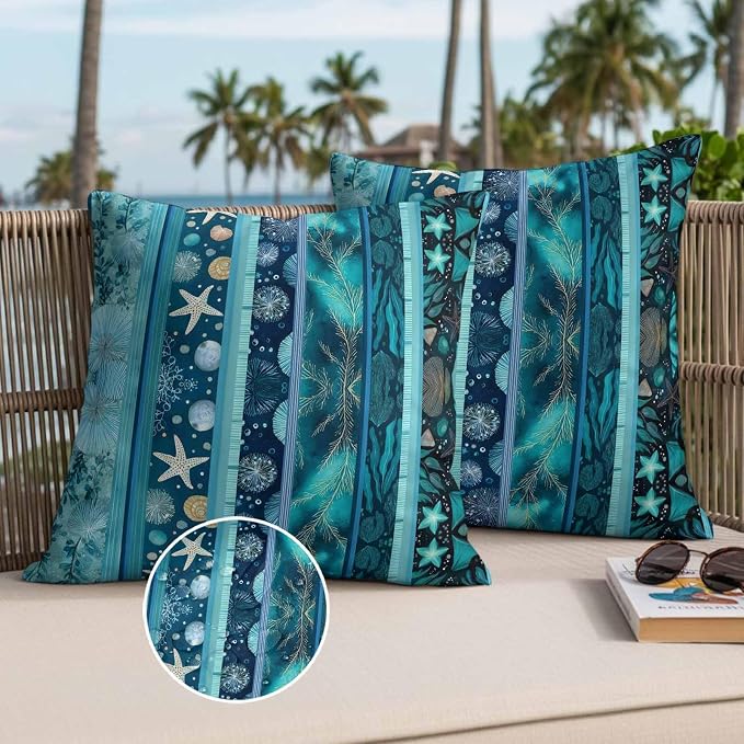 Turquoise Ocean Outdoor Waterproof Throw Pillow Covers Set of 2, 24"x24", Blue Stripes Starfish Coral Seaweed Luxury Decorative Pillow Covers Outside Cushion Case for Patio Porch Garden