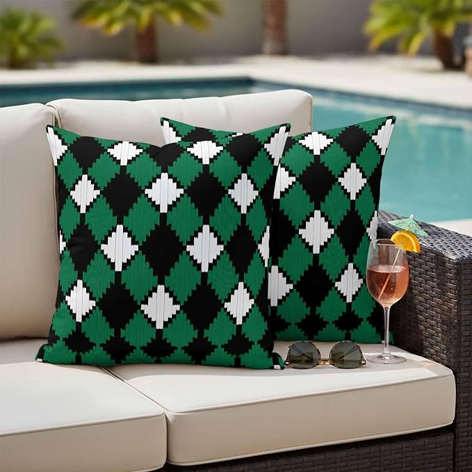 Vintage Rhombus Outdoor Waterproof Throw Pillow Covers Set of 2, 24"x24", Green Black White Decorative Pillow Covers Outside Cushion Case for Patio Porch Garden
