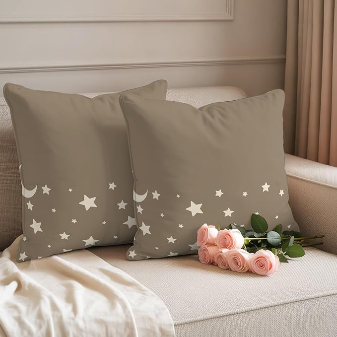 Stars Moon Waterproof Outdoor Pillow Covers Set of 2 Home Decor, Starry Night Khaki Pillowcase Patio Pillow Covers for Couch Bench Patio Furniture Garden 16x16in