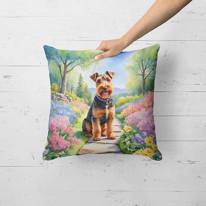 Caroline's Treasures Welsh Terrier Spring Path Throw Pillow Machine Washable, Indoor Outdoor Decorative Pillow for Couch, Bed or Patio, 18Hx18W
