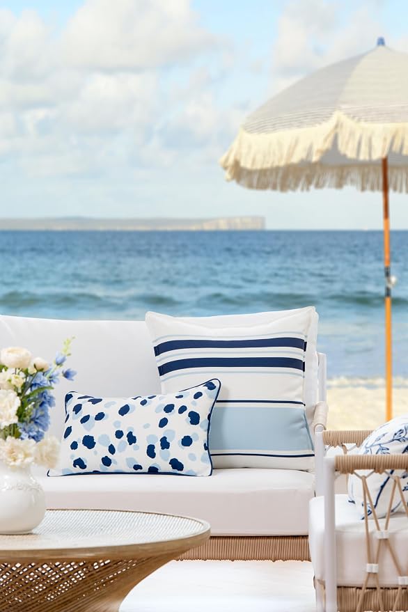 Hofdeco Premium Coastal Patio Indoor Outdoor Lumbar Pillow Cover Only, 12"x20" Water Repellent for Backyard, Couch, Navy Blue Leopard with Piping