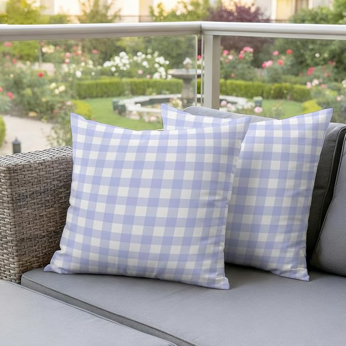 Light Purple Checks Outdoor Pillow Covers 18"x18" Set of 2, Gingham Plaid Abstract Modern Minimalist Waterproof Throw Pillow Covers for Patio Furniture, Decorative Cushion Covers for Porch