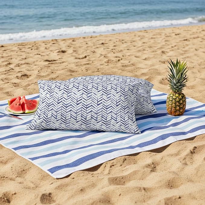 Vandarllin Outdoor Throw Pillows Covers 20x12 inch Set of 2 Waterproof Blue Stripe Lines Decorative Zippered Cushion Covers for Patio Furniture, Abstract Striped Lumbar Pillowcases