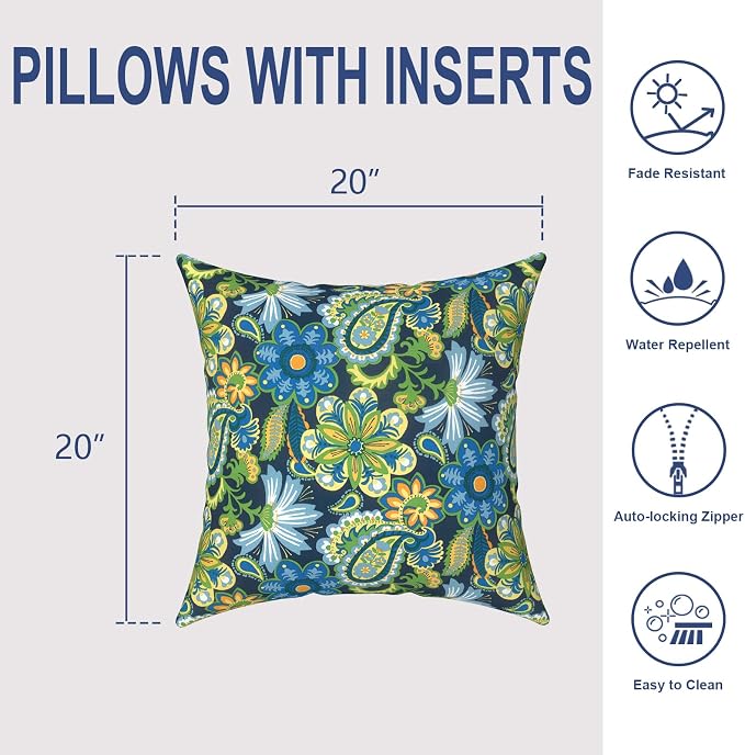 Outdoor 20x20 Inch Throw Pillows with Inners, Square Pillows Decorative Set of 2 for Home Garden Furniture, Wonder Garden