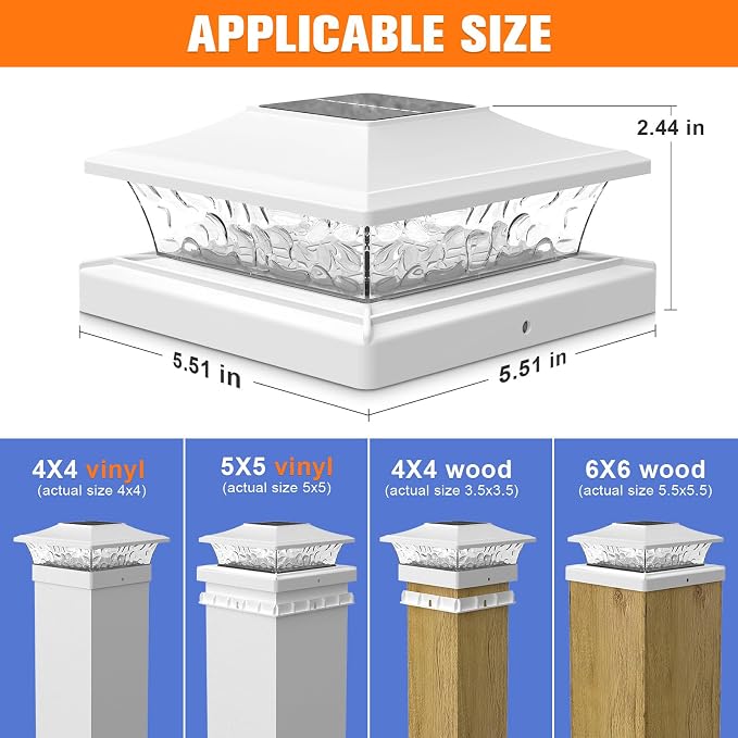 APONUO Solar Post Cap Lights with 8 RGB Solid Colors & Multicolor Flow - 6 Pack Fence Post Solar Lights, IP65 Waterproof - Fits 4x4 5x5 6x6 Wood & Vinyl Posts - White
