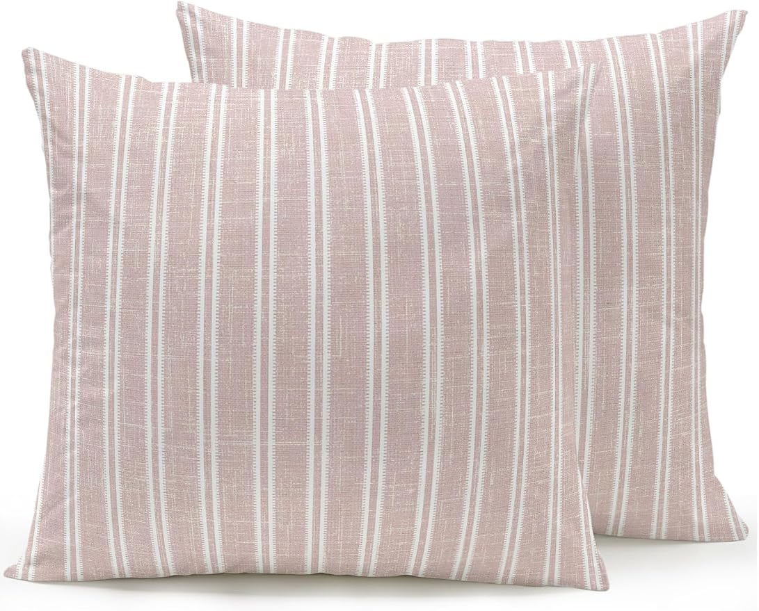 Waterproof Outdoor Pillow Set of 2 Red Linen Striped Decorative Throw Pillows Cover & Insert 18x18 Inch Pillowcase Vertical Stripes Lines Pillows for Couch Sofa Bed Patio Furniture Indoor Outdoor