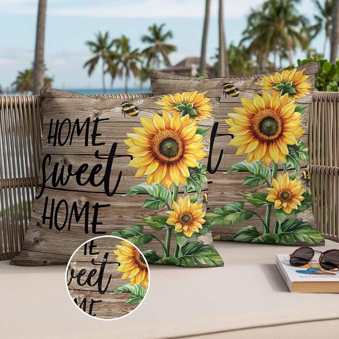 Throw Pillow Covers 26x26 Inch Set of 2, Sunflower Bee Waterproof Outdoor Pillow Covers, Farmhouse Country Wooden Plank Brown Decorative Cushion Pillowcases for Couch, Sofa, Bed, Garden, Patio