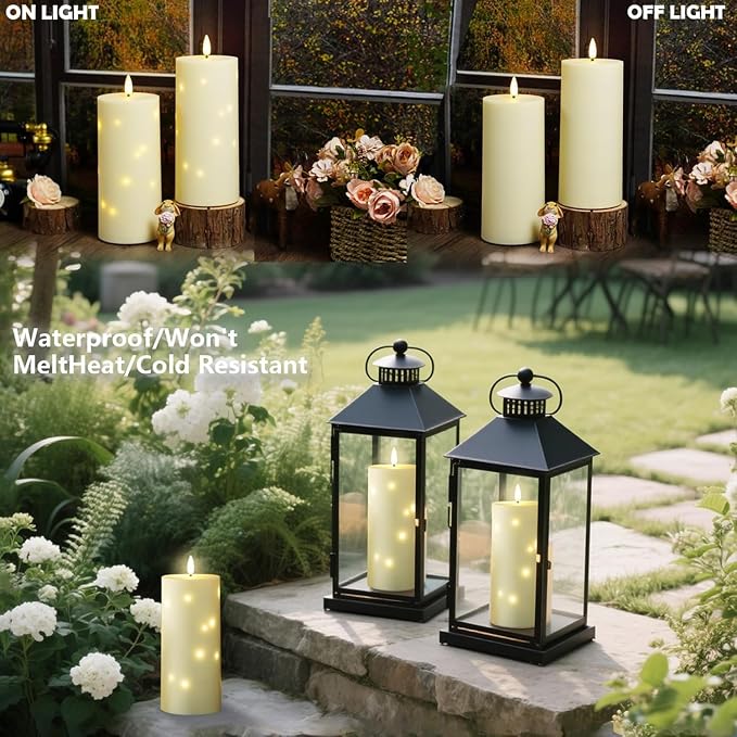 YOROXRG 4" x 10" Large Outdoor Waterproof Flickering Flameless Candles with Timer,2Pcs Battery Operated LED Pillar Candles with Embedded Star String for Outdoor Lanterns,Porch,Patio Decor(Ivory)