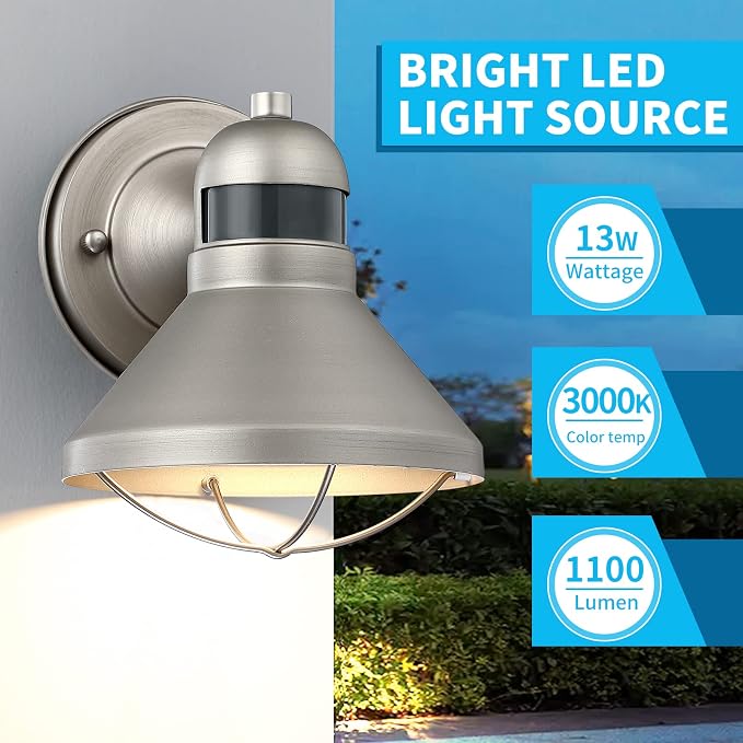 Motion Sensor Outdoor LED Wall Sconce Dusk to Dawn Exterior Barn Lighting | Silver Outside Porch Light Fixture Waterproof Farmhouse Wall Mount Lamp for House Garage Entryway