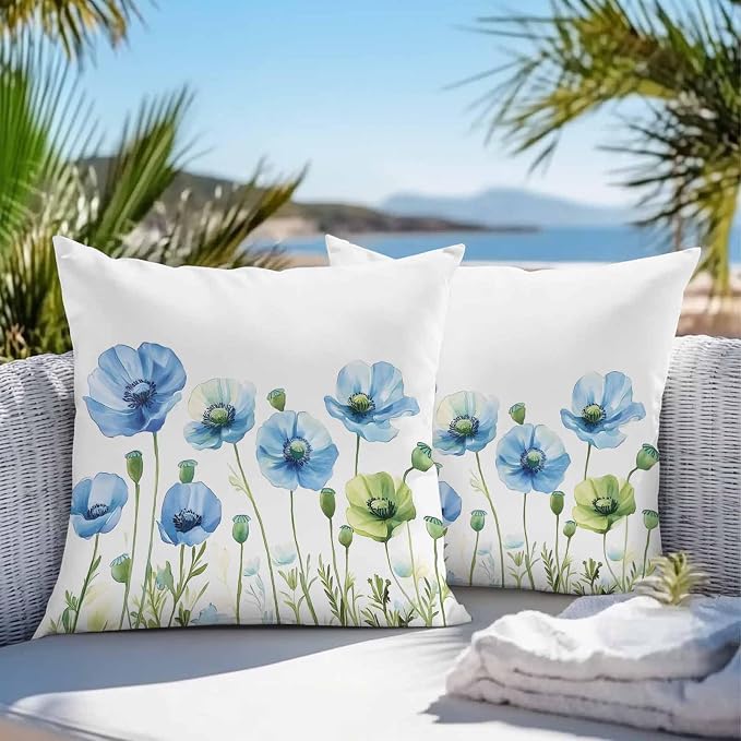 Flower Outdoor Throw Pillow Cover Watercolor Poppy Floral Waterproof Cushion Covers 2 Pack Pillow Cases Home Decoration for Patio Garden Couch Sofa,Garden Botanical Art