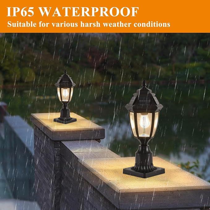 Solar Outdoor Post Lights 1 Pack, Dusk to Dawn Column light with Base | Dusk to Dawn Outdoor Post Light Fixtures, Black Exterior Solar powered Pole Light for Outside Porch Yard Pathway Driveway