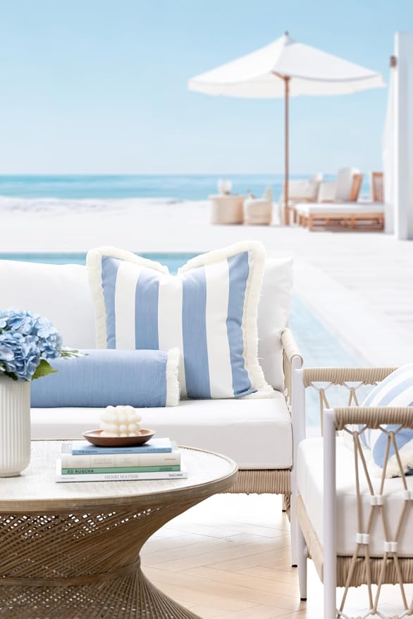 Hofdeco Premium Coastal Hampton Outdoor Performance Bolster Pillow Cover Only, 6"x20" Water Repellent, UV and Fade Resistant for Backyard, Couch, Poolside, Azure Blue Woven Solid