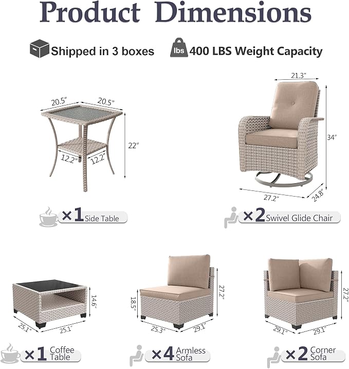 Patio Furniture Set, 10-Piece Outdoor Sectional Sofa with Swivel Rocker Chairs & 2-Layer Glass Coffee Table, Wicker Patio Conversation Set with Khaki Cushions