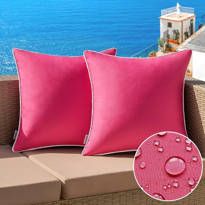 MIULEE Outdoor Waterproof Pillow Covers 16x16 Hot Pink Pack of 2 | Decorative Farmhouse Throw Pillow Covers with Piping,Square Solid Color,Patio Furniture,Summer Couch Tent Sofa Living Room