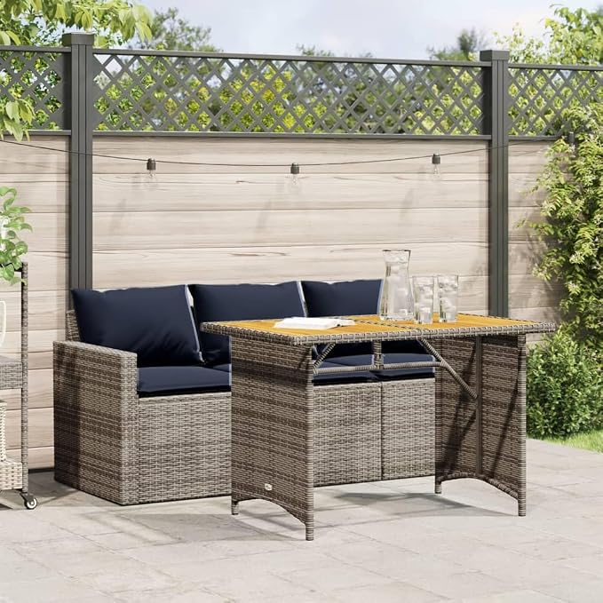2 Piece Patio Dining Set Gray Poly Rattan with Cushions | Acacia Wood Tabletop, Powder-Coated Steel Frame, Removable Washable Cushion Covers