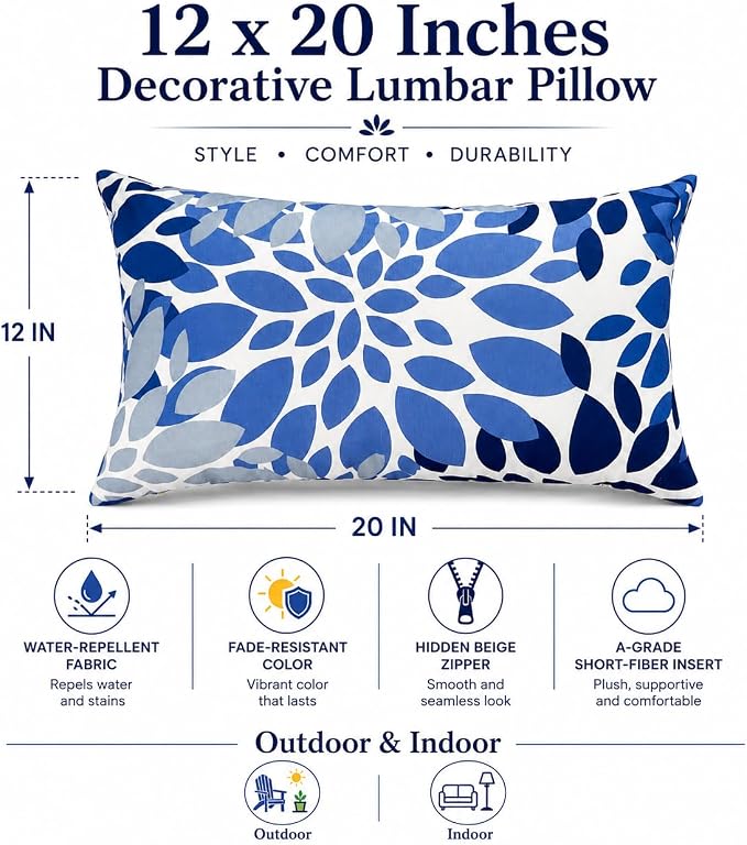 Outdoor Patio Lumbar Pillows Pack of 2, 12"x20" | Fade Resistant Outdoor Waterproof Lumbar Pillow with Inners Decorative Garden Lumbar Cushions for Home Patio Terrace Sofa