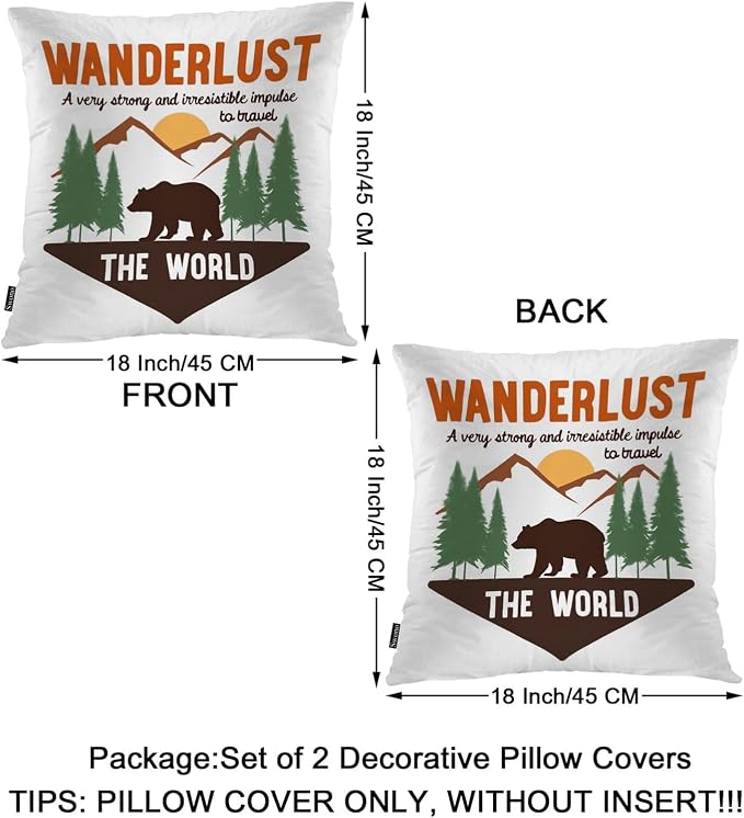 Swono Bear Cozy Pillowcase Cushion Cover, Forest Adventure Bear Wanderlust Sign Decorative Throw Pillows Covers Outdoor Pillow Case for Home Office Dorm Sofa Picnic Car 18" X 18", 2 Pack