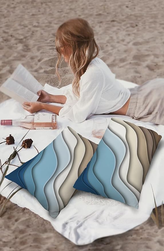 Outdoor Pillows 20x12 Waterproof Outdoor Pillow Covers, Ombre Stripes Blue Brown Polyester Throw Pillow Covers Garden Cushion Decorative Case for Patio Couch Decoration Set of 2, Abstract Striped