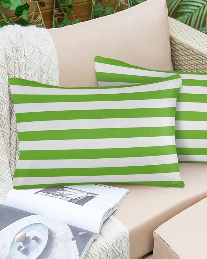 Lumbar Throw Pillow Covers 12x20 Outdoor Waterproof Pillow Covers for Patio Furniture Green White Stripes Decorative Throw Pillow Cover Striped Pillowcases Set of 2 Cushion Case for Sofa Couch Chair
