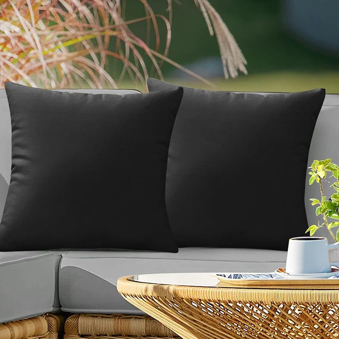 VAKADO Outdoor Waterproof Throw Pillow Covers 18X18 Set of 2 Decorative Black Patio Furniture Cushion Cases Outside Decor for Couch Garden Bench Porch