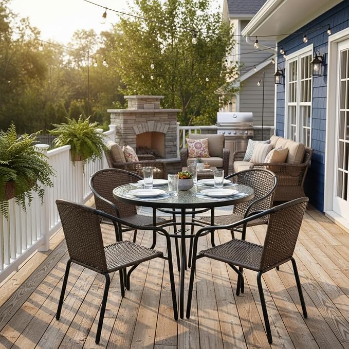 Tangkula 32" Round Outdoor Table with Tempered Glass Top, Patio Dining Table with Umbrella Hole & Metal Frame, Outside Bistro Table for Backyard, Lawn, Deck & Poolside