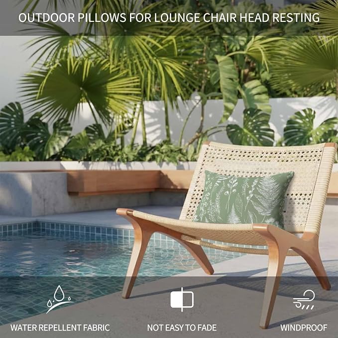 Outdoor Pillows for Chaise Lounge Chair Set of 2 Fern Leaves Sage Green Foliage Waterproof Lumbar Pillows with Insert for Beach Chair,Patio Office,Pool Recliner,Watercolor Botanical Sketch 11x16IN