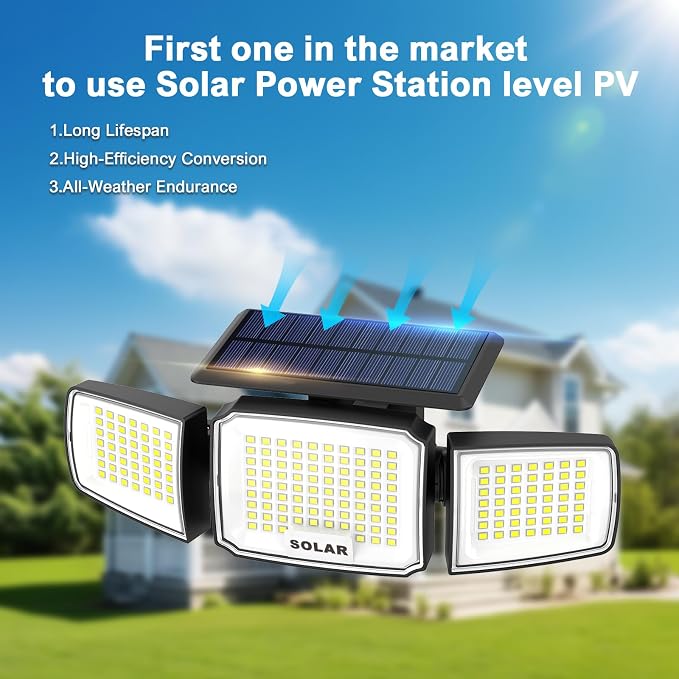 JEJOT Solar Security Light Outdoor Super Bright LED, Motion Sensor Flood Light, 3 Heads 270° Wide Angle,Remote Control, IP65 Waterproof, 3 Modes (4 Packs)