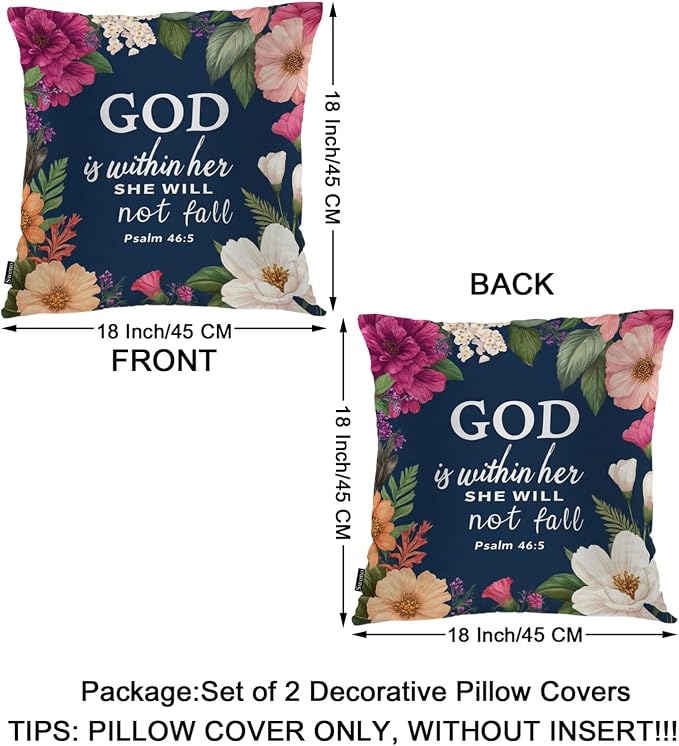 Swono Bible Verses Set of 2 Square 18x18 Inch Throw Pillow Cover God is Within Her She Will Not Fall Cosy Pillowcases Pillow Cushion Covers for Home Sofa Couch Garden Bench Car, Christian Quote