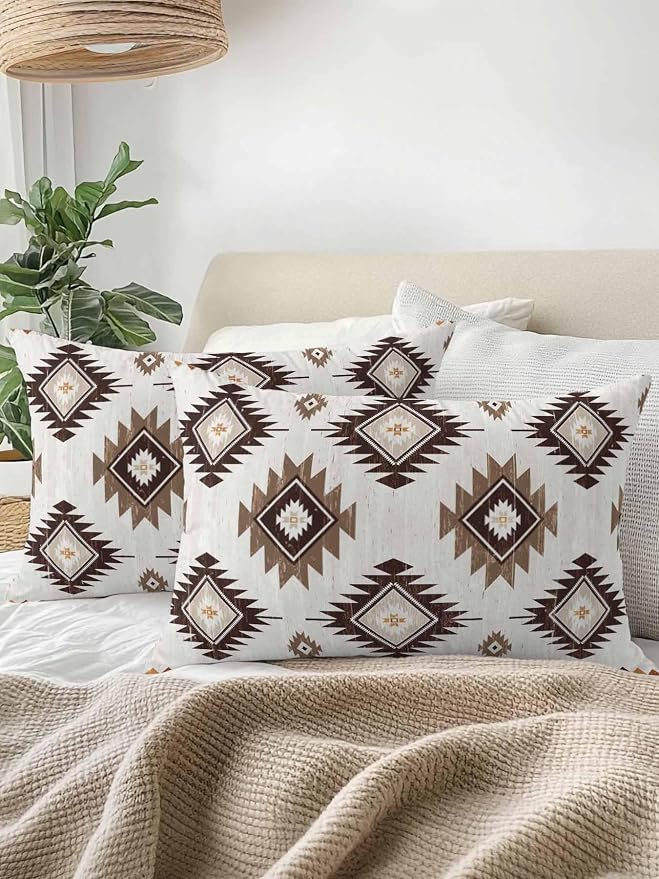 Waterproof Outdoor Pillow 1 Pack Brown Boho Aztec Decorative Throw Pillows Cover & Insert 20x12 Inch Lumbar Pillowcase Southwest Tribal Style Pillows for Couch Sofa Bed Patio Furniture Indoor Outdoor