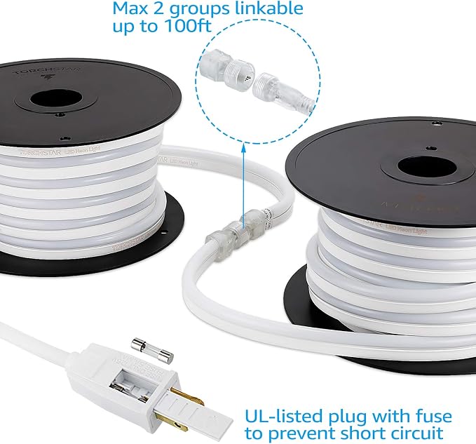 TORCHSTAR 50ft LED Neon Rope Light, Multicolor LED Strip Lights | Outdoor IP67 Waterproof, 120V UL Plug, ETL Connectable, Neon Light Strip for Shop Sign, Patio Decor, Max 2 Sets (100FT)