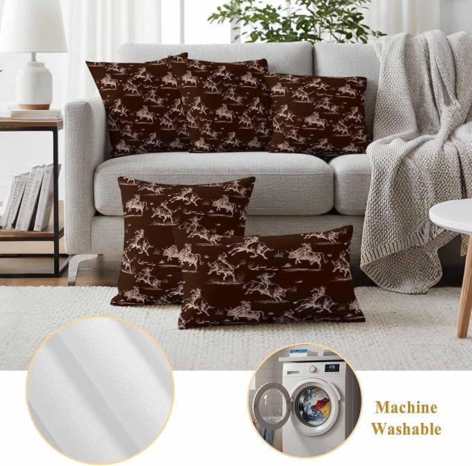 Western Cowboys Outdoor Pillow Covers Waterproof, All Weather Cushion Case Set of 2, Brown Farmhouse Country Pastoral Scenery Decorative Pillowcases for Sofa Couch Bed Decor Patio Furniture 16"x16"