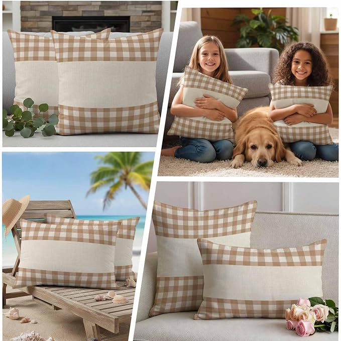 Retro Brown Outdoor Waterproof Pillow Covers, Farmhouse Buffalo Plaid Vintage Beige Decorative Square Throw Pillowcase Sofa Cushion Sham for Patio/Couch/Chair, 16"x16" 2 Pack