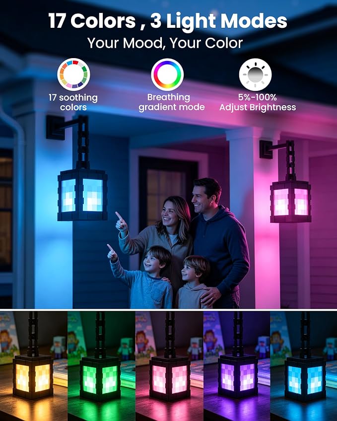 Pixelated Solar Lanterns Outdoor Waterproof, USB-C & Solar Hanging Light | 17-Color RGB Table Lamp with Remote & Timer, Decor for Patio Yard Garden Porch & Winter Camping, Gift for Gamers, 2 Pack