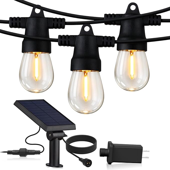 Brightech Ambience Hybrid Outdoor String Lights - Dual Plug and Solar Powered Waterproof LED Light String for Outside - 27 Ft, Soft White Edison Bulbs, for Camping, Patio, Cafe, Yard, Porch
