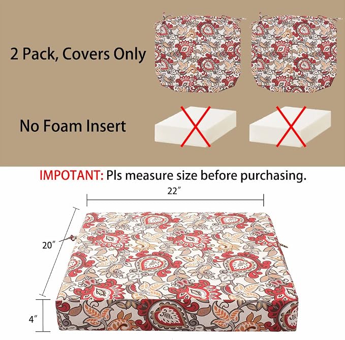 Magpie Fabrics Indoor Outdoor Cushion Cover Replacement 2 Pack, NO Insert! Water Repellent Slipcover with Ties Decor for Patio Garden Chair Seat Sofa Bench Wicker(Floral Red Orange, 22x20x4 Inch)