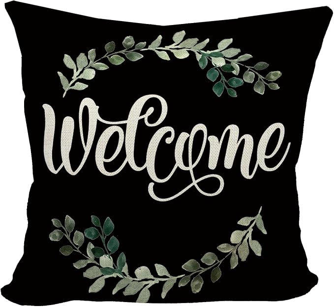 Mancheng-zi Welcome 18x18 Porch Decor, Outdoor Pillow Covers - Patio & Farmhouse Porch Deco, Black