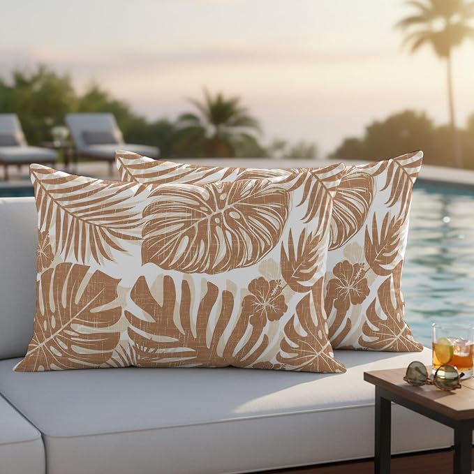 Brown Palm Leaves Outdoor Pillow Covers 20"x12" Set of 2, Tropical Botanical Minimalist Modern Waterproof Throw Pillow Covers for Patio Furniture, Decorative Cushion Covers for Porch