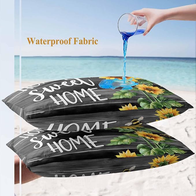Lumbar Pillow Covers 20x12 Inch Set of 2, Spring Sunflowers Waterproof Outdoor Pillow Covers, Black Wooden Grain Country Farm Decorative Cushion Pillowcases for Couch, Sofa, Bed, Garden, Patio