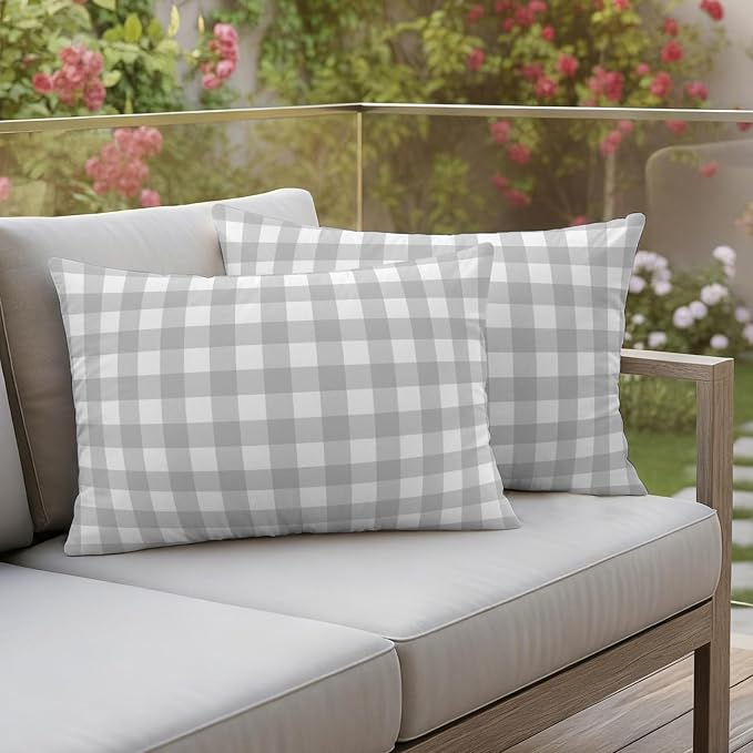 Light Gray Checks Outdoor Pillow Covers 20"x12" Set of 2, Gingham Plaid Abstract Modern Minimalist Waterproof Throw Pillow Covers for Patio Furniture, Decorative Cushion Covers for Porch