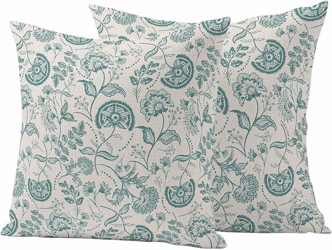 Outdoor Pillow Covers 26x26 Set of 2, Teal Green Spring Floral Waterproof Patio Throw Pillow Covers for Couch Sofa Chair, Retro Farmhouse Summer Botanical Decorative Pillowcases for Throw Pillows