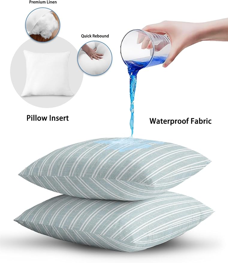 Waterproof Outdoor Pillow 1 Pack Blue Linen Striped Decorative Throw Pillows Cover & Insert 18x18 Inch Pillowcase Vertical Stripes Lines Pillows for Couch Sofa Bed Patio Furniture Indoor Outdoor