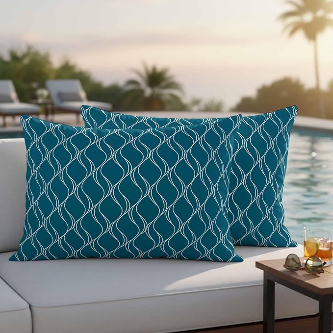 Teal Blue Stripes Outdoor Pillow Covers 20x12 Inch Lumbar Pillow Covers Set of 2 Waterproof Decorative Throw Pillow Cases Simple Geometric Modern Monochrome Cushion Covers for Patio Furniture Garden