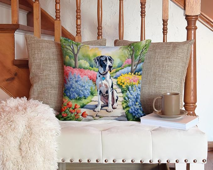 Caroline's Treasures Great Dane Spring Path Throw Pillow Machine Washable, Indoor Outdoor Decorative Pillow for Couch, Bed or Patio, 14Hx14W
