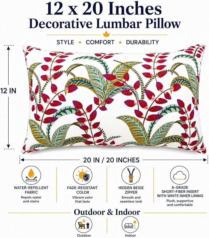 Pack of 2 Patio Lumbar Pillows 12"x20" | Fade Resistant Outdoor Waterproof Lumbar Pillow with Inners Decorative Garden Lumbar Cushions for Home Patio Terrace Sofa
