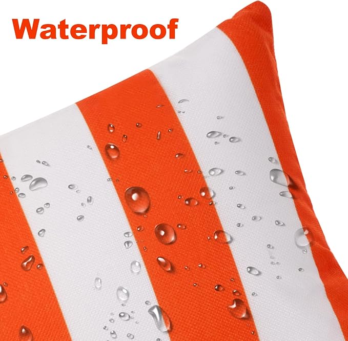 tiggell 4 Pack Waterproof Pillow Covers Outdoor Throw Pillowcases Decorative Garden Cushion Case for Home Garden Patio Couch Balcony Striped (Orange & White, 12 * 20 inch)